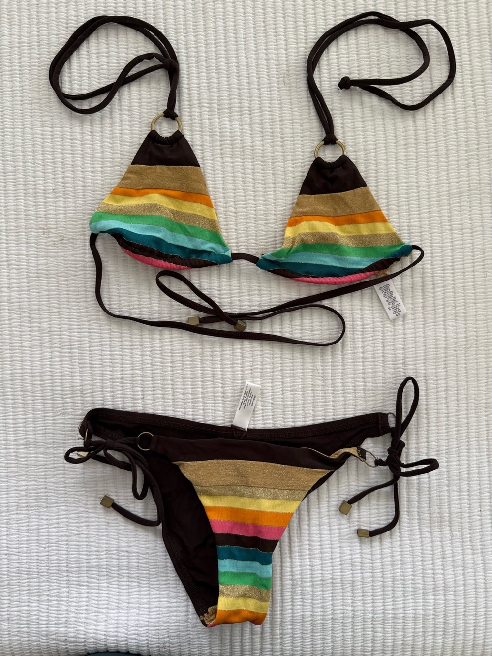 Vitamin A Brown Triangle Bikini with Multicolor Stripes